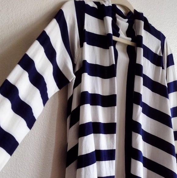 Navy Blue Striped Open Front Waterfall Cardigan Medium Coastal Grandma Fisherman - Picture 5 of 9